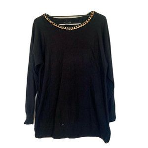 Adrienne Vittadini Black Blouse Top Sweater W Golden Jewelry Neck Design Small